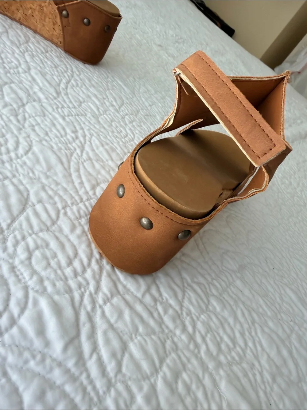 Brown Tan Cork Wedge Sandals with Back Strap